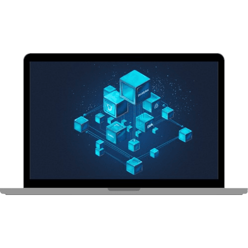 Blockchain development interface displaying smart contract code, DeFi platform architecture, and Web3 integration