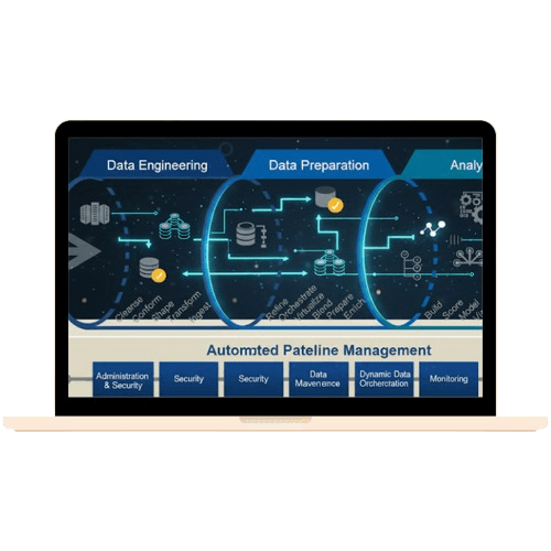 Data engineering dashboard displaying ETL pipelines, data warehouse architecture, and real-time analytics charts