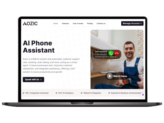 Aozic AI virtual phone assistant platform showing automated appointment scheduling and intelligent call forwarding