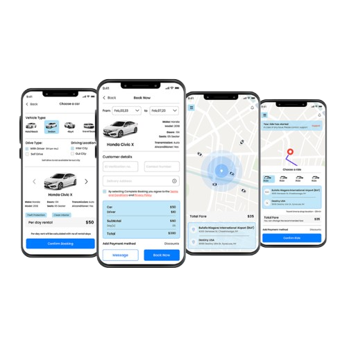 ICE Innovations ride-hailing mobile app interface with AI driver verification and GPS tracking