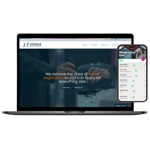 Jonas Event Technology platform showing organizer and exhibitor portal built with .NET and Vue.js
